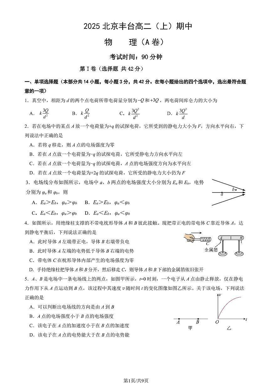 2025北京丰台高二（上）期中物理（A卷）试卷（教师版）第1页