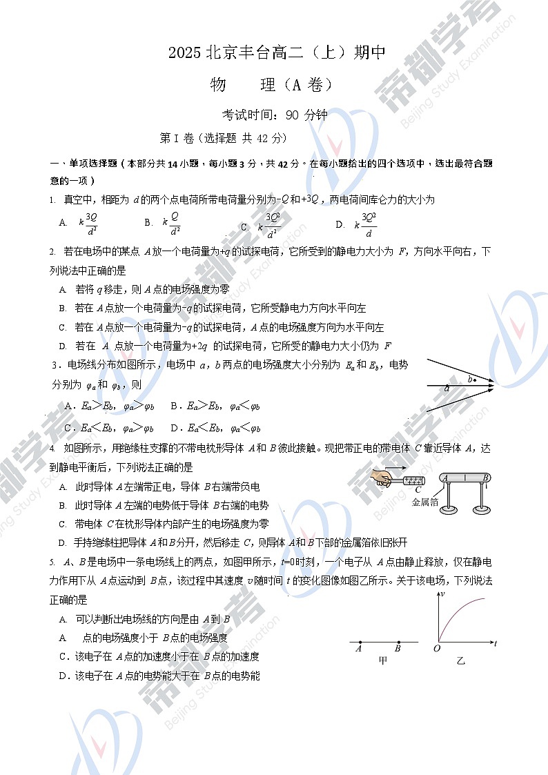 2025北京丰台高二上学期期中物理（A）卷试卷和答案第1页