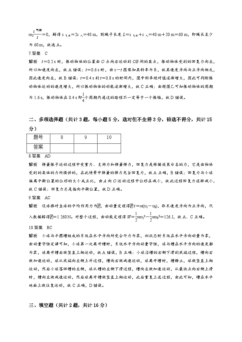 人教版选择性必修第一册 期中阶段检测卷 (第1、2、3章) 参考答案第2页