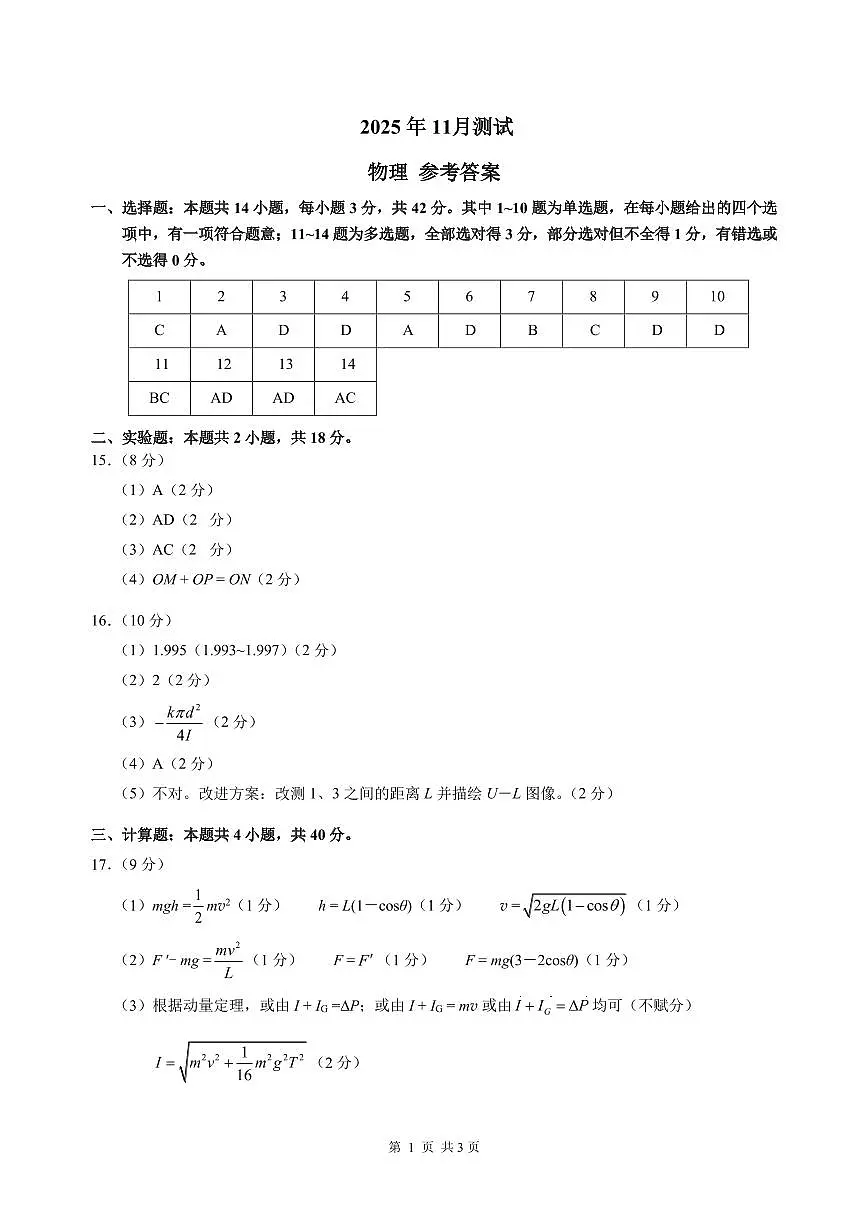 河南顶级名校联盟2026届高三上学期11月强基诊断性测试物理答案第1页