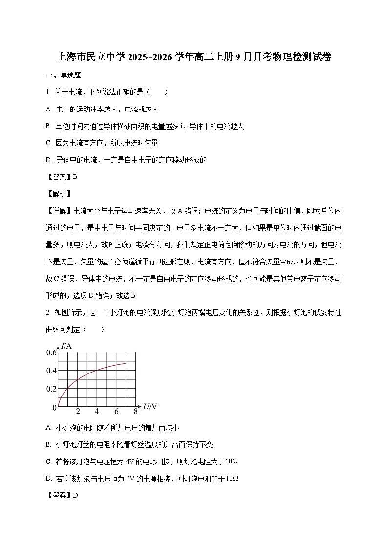 上海市民立中学2025~2026学年高二上册9月月考物理检测试卷（含解析）第1页
