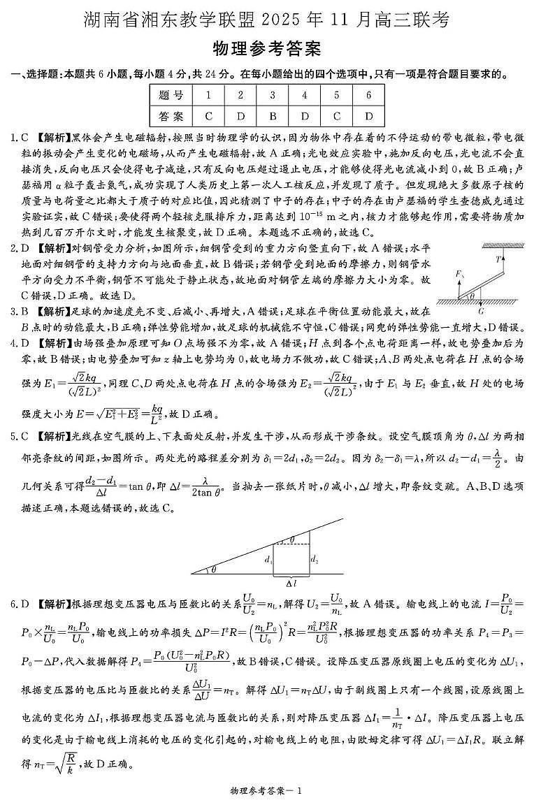 湖南省湘东教学联盟2025年11月高三联考物理答案第1页