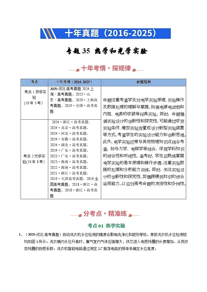 专题35 热学和光学实验（全国通用）（原卷版）第1页