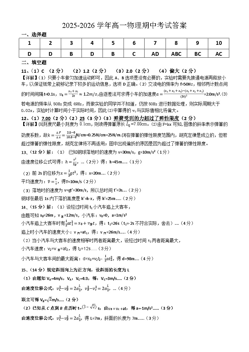 湖南省永州市东安跨世纪天成高级中学2025-2026学年高一上学期期中考试物理答案第1页