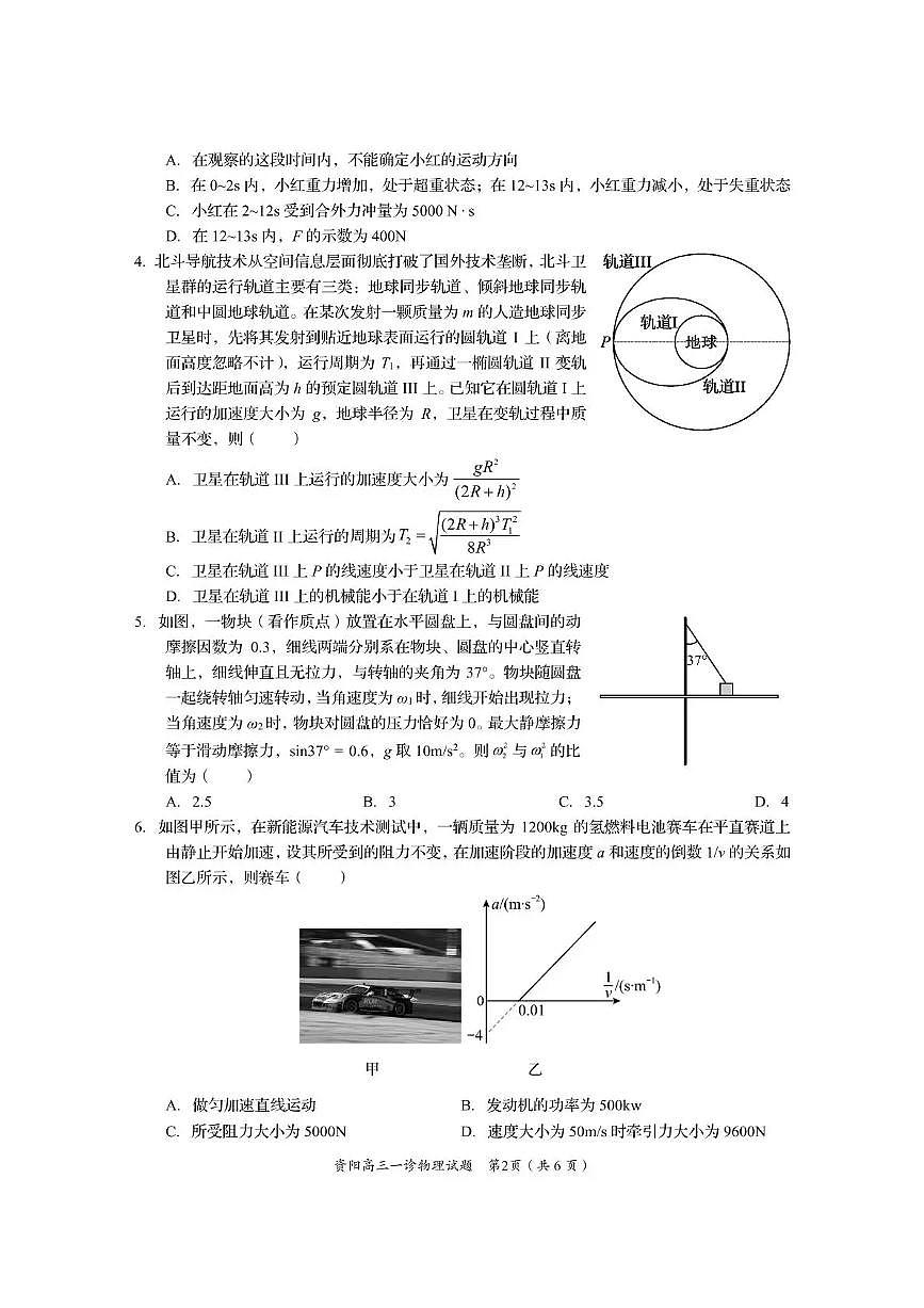 资阳市高中2023级第一次诊断性考试物理第2页