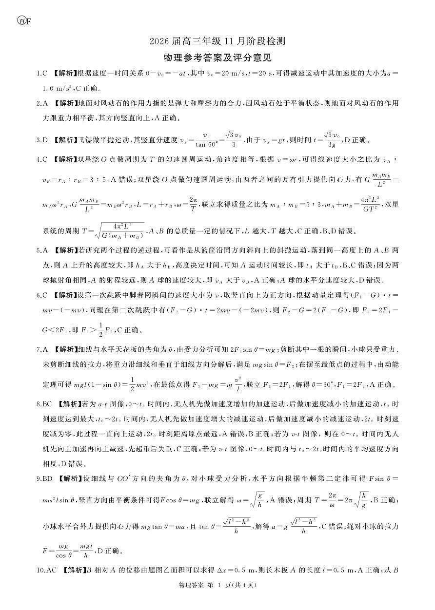 河南省百师联盟2026届高三年级11月阶段检测物理答案第1页
