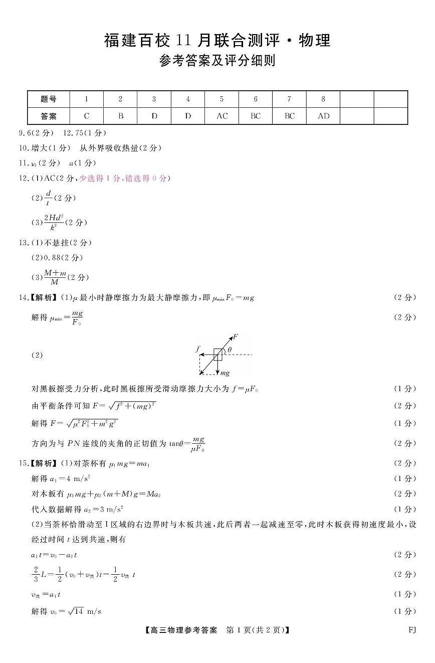 福建百校联考2026届高三上学期11月期中物理答案第1页