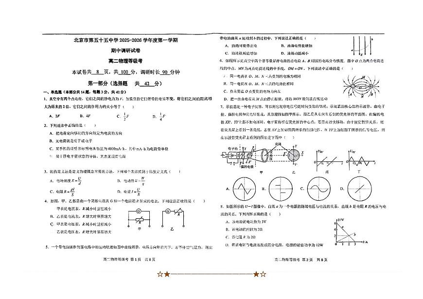 北京市第五十五中学2025～2026学年高二上期中物理试卷(无答案)第1页