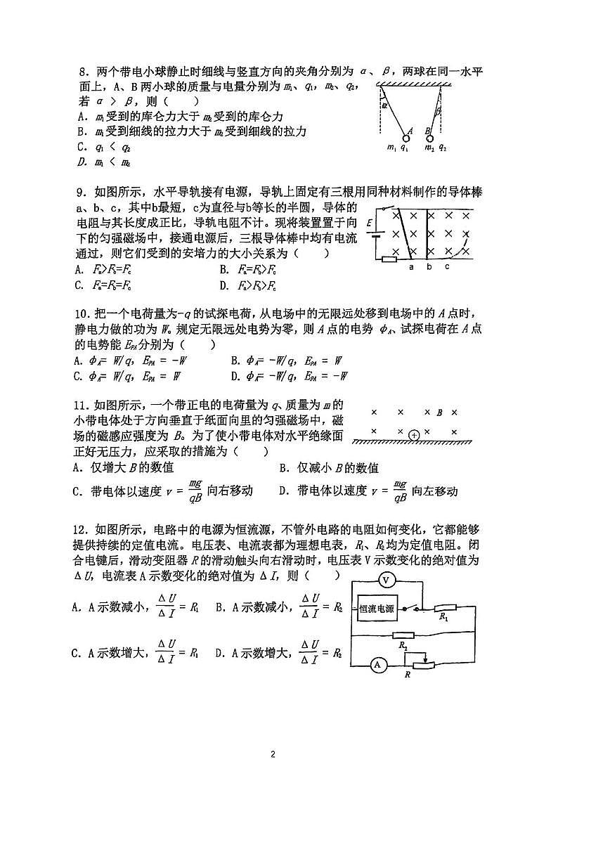 上海市向明中学2025-2026学年高二上学期期中物理试卷（等级考）第2页
