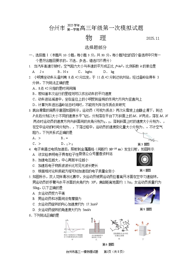 浙江省台州市2025-2026学年高三上学期高考一模11月考试物理试卷第1页