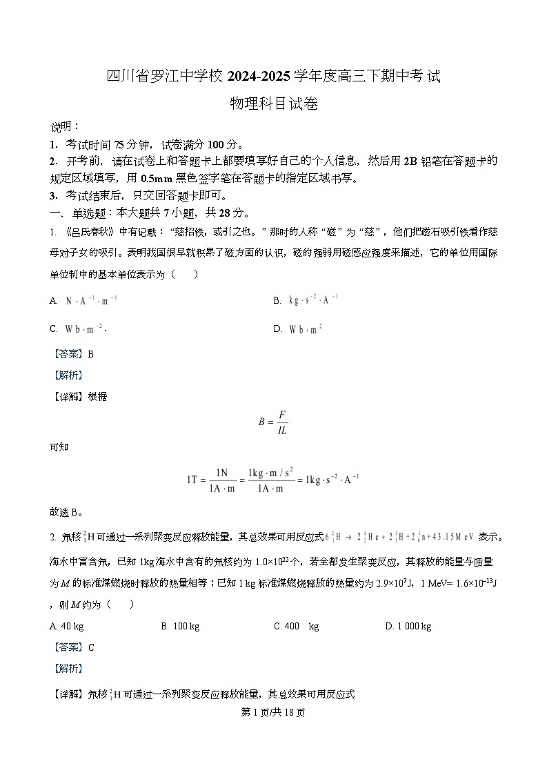 四川省德阳市罗江中学2025届高三下学期期中考试物理试卷 Word版含解析第1页