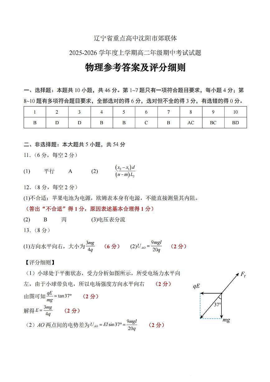 沈阳市郊联体2025一2026学年度上学期高三年级期中考试物理答案第1页