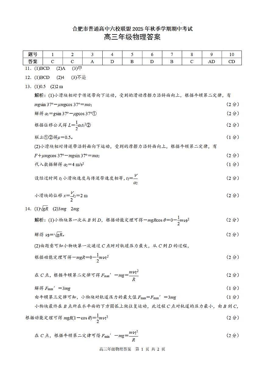 合肥市普通高中六校联盟2025年秋季学期期中考试物理答案第1页