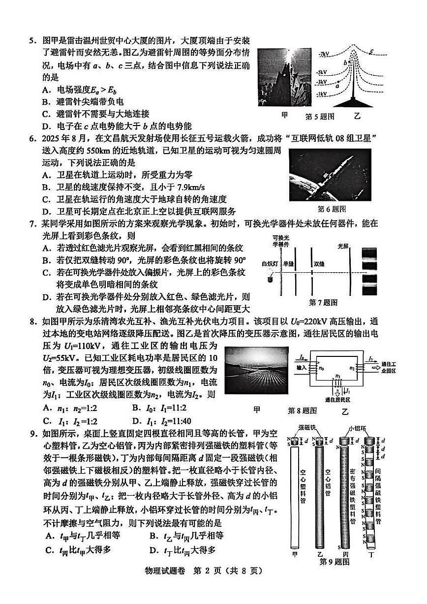 浙江省温州市普通高中2026届高三第一次适应性考试 物理试题+答案（温州一模）第2页