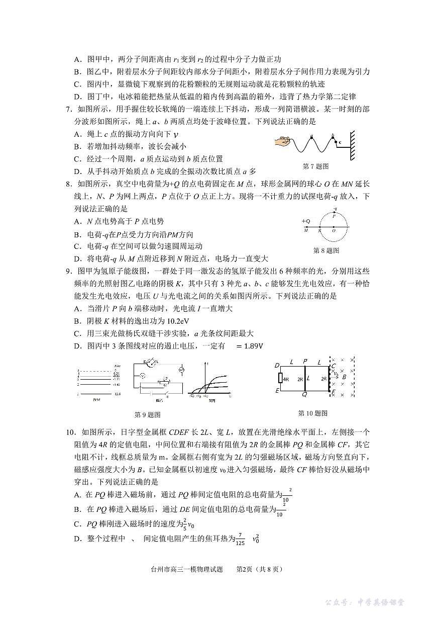 物理试卷-浙江省台州市2026届高三第一次教学质量评估-a0b80e47fa27第2页