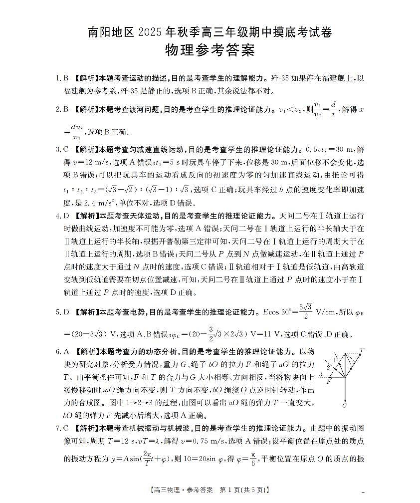 南阳市南阳地区2026届高三上学期期中摸底考试卷物理答案第1页