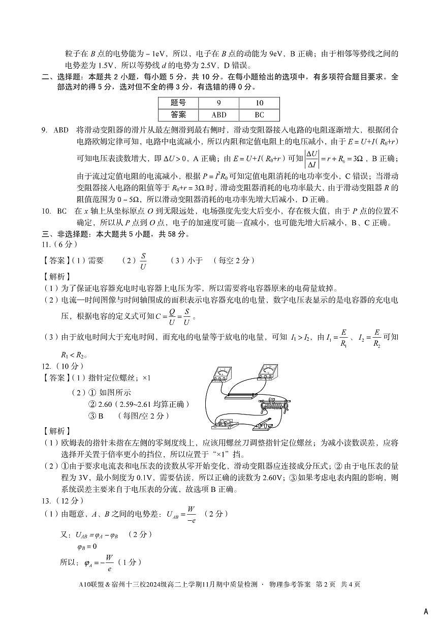 【物理答案】（A卷）A10联盟＆宿州十三校2024级高二上学期11月期中质量检测物理答案A第2页