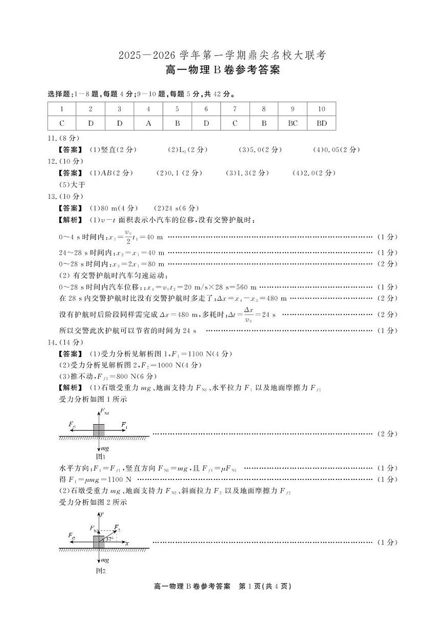 【物理B卷答案】安徽省鼎尖名校大联考2025-2026学年上学期高一11月期中考试第1页