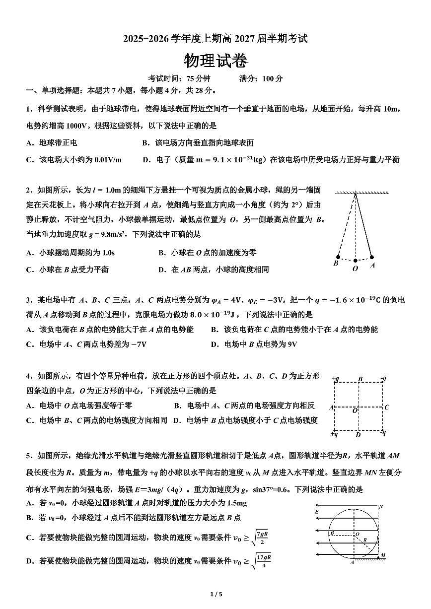 四川省成都市第七中学2025-2026学年高二上学期11月期中考试物理试卷（含答案）第1页