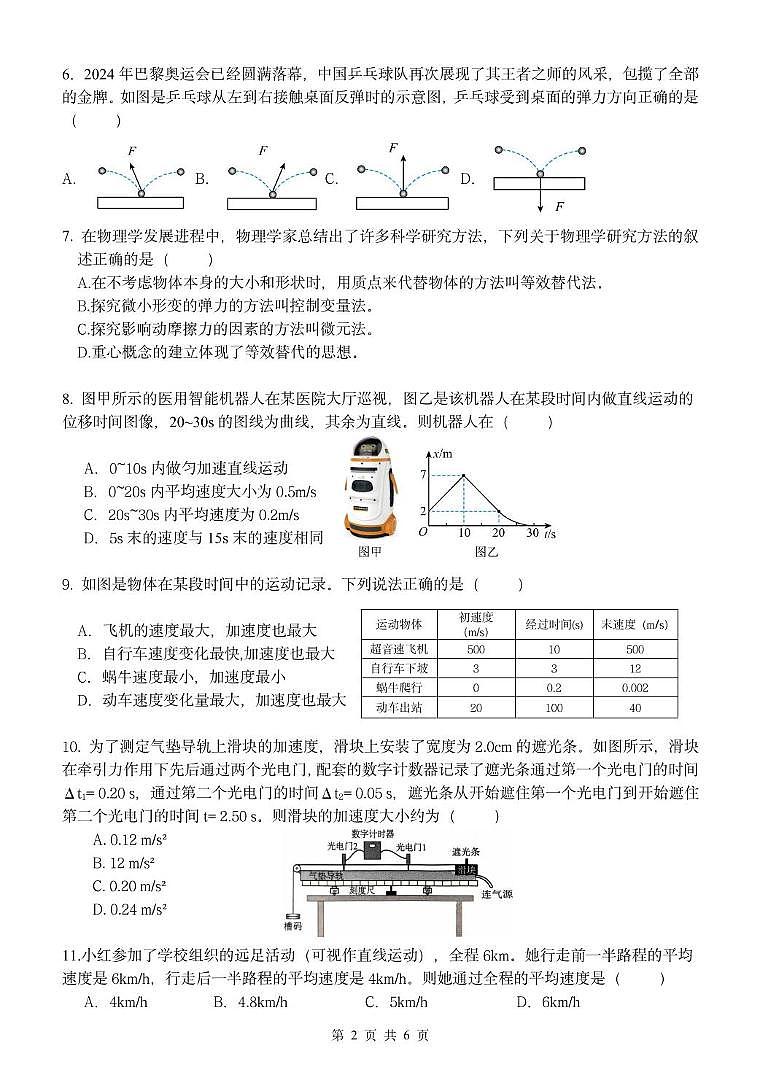 浙江省五湖联盟2025-2026学年高一上学期期中联考物理试卷（含答案）第2页