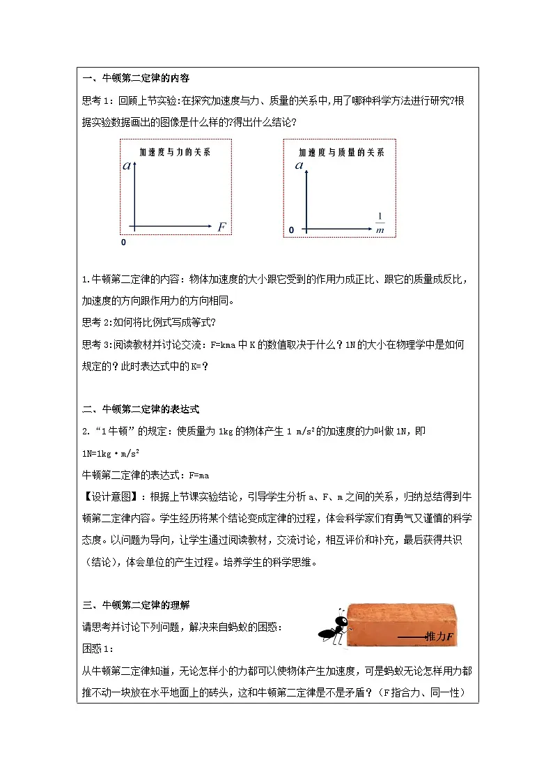 人教版高中物理必修第一册4.3《牛顿第二定律》表格式教案第2页