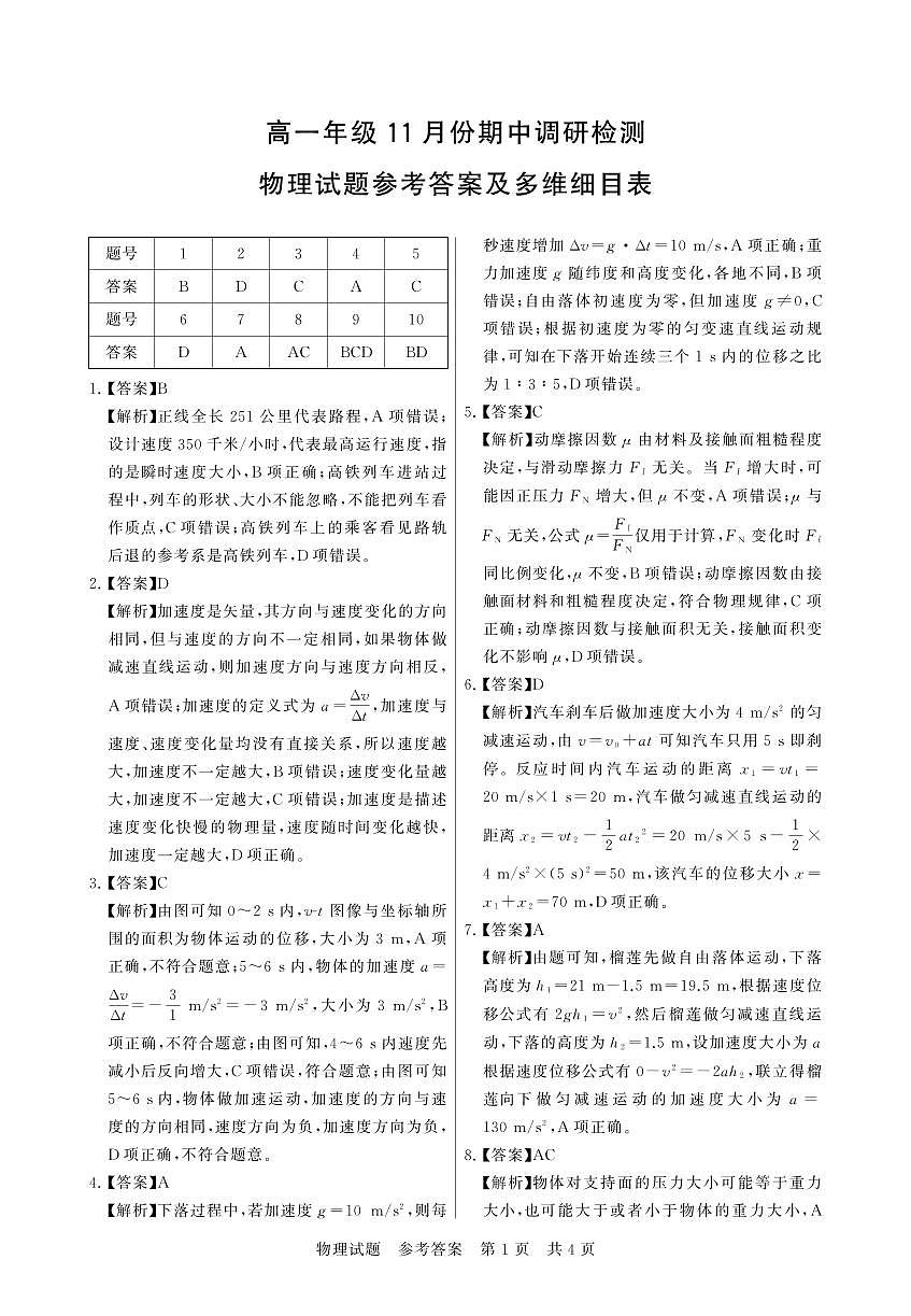 11月+物理山西+高一联考答案第1页
