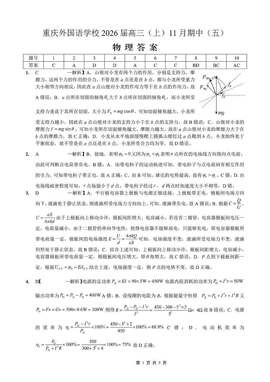 重庆实验外国语学校2025-2026学年度（上）高2026届11月月考（五）物理答案第1页