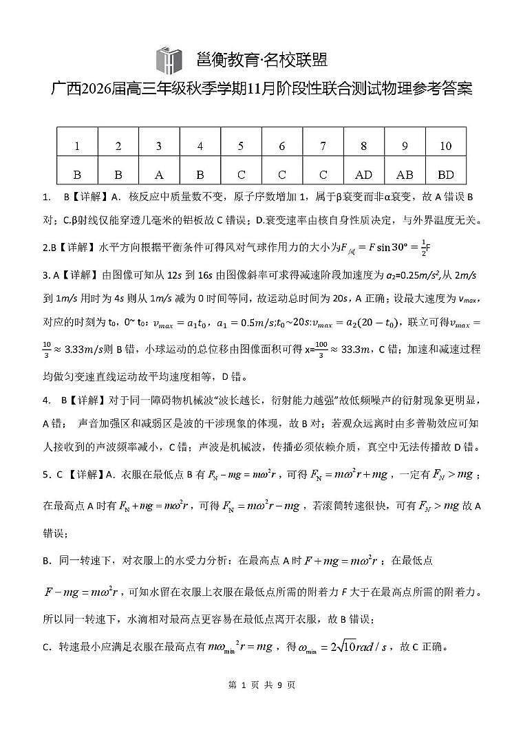 广西邕衡教育2026届高三上学期11月月考物理答案第1页