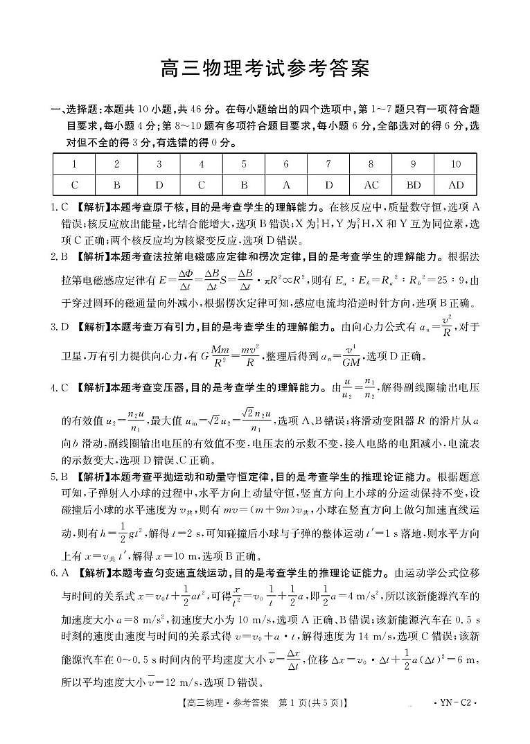 云南百校联考2026届高三上学期11月月考物理答案第1页