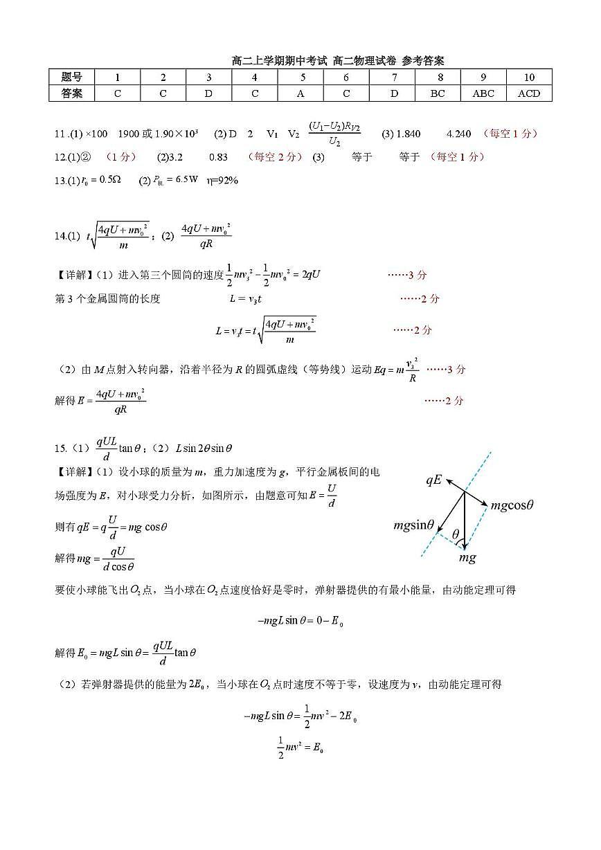 深圳市高级中学2025-2026学年高二上学期期中考试物理答案第1页