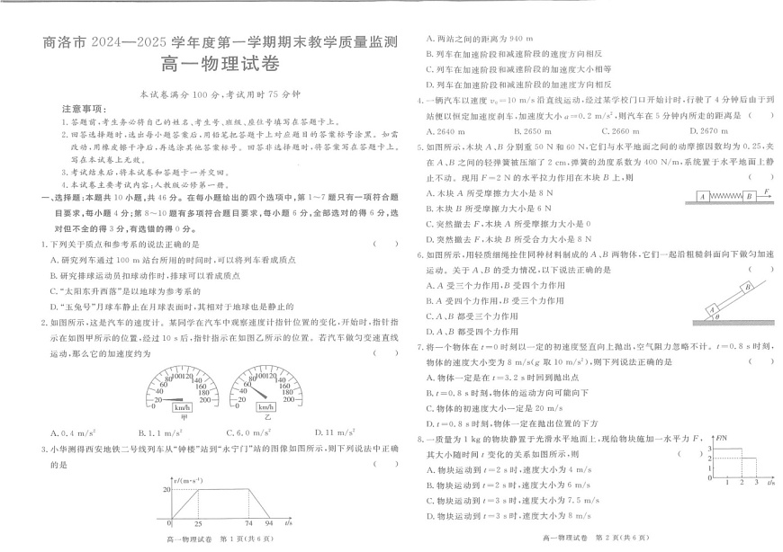 陕西省商洛市2024-2025学年高一上学期1月期末物理试题第1页