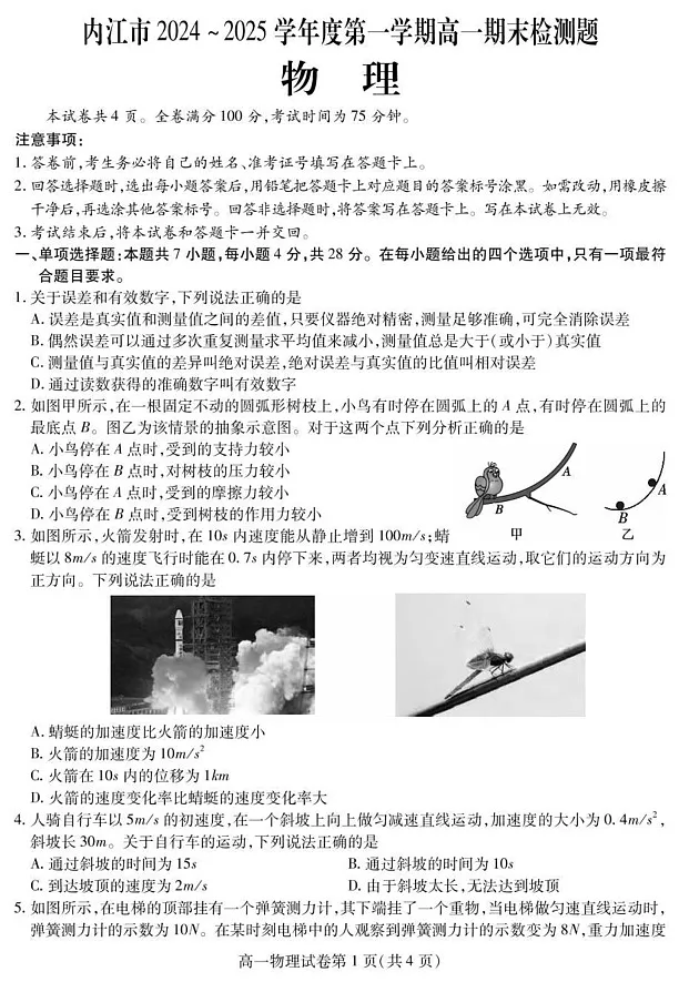 四川省内江市2024-2025学年高一上学期期末检测物理试题第1页