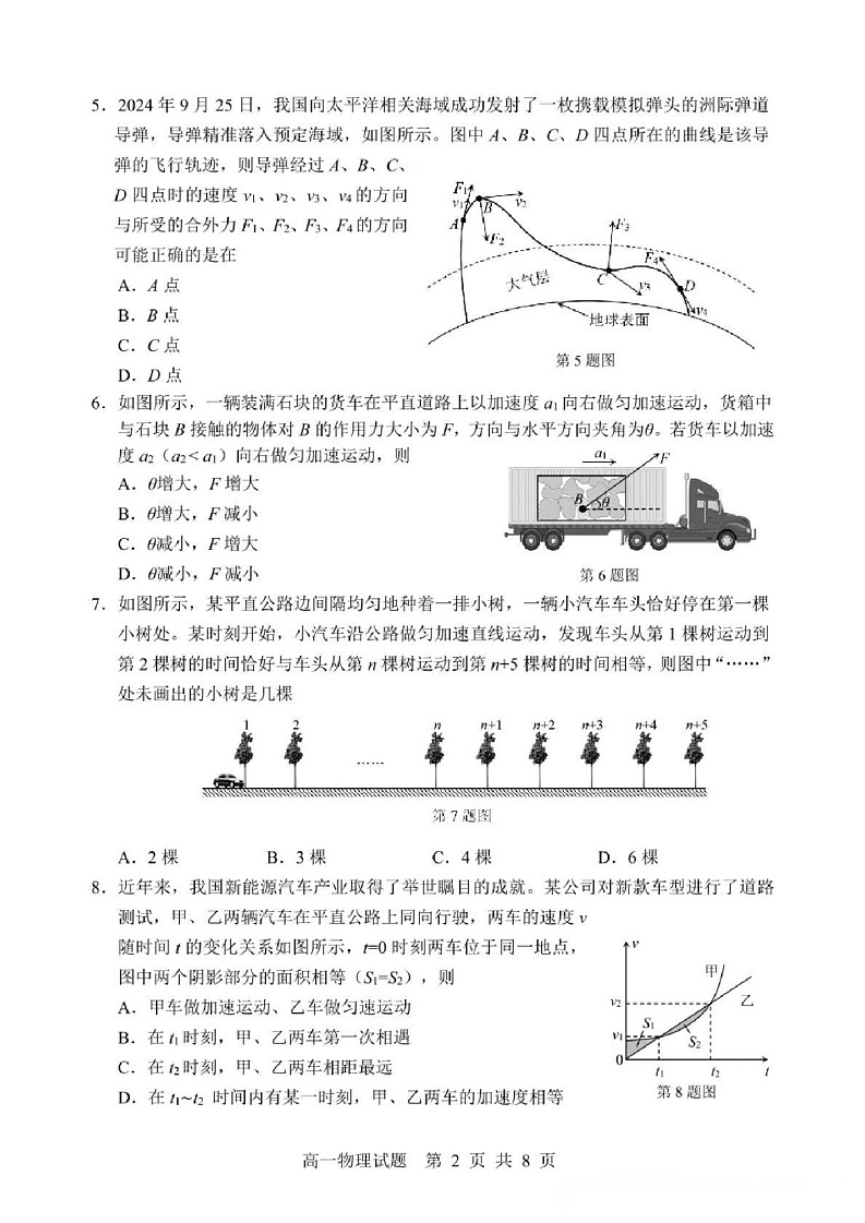浙江省宁波市2024-2025学年高一上学期期末物理试题第2页
