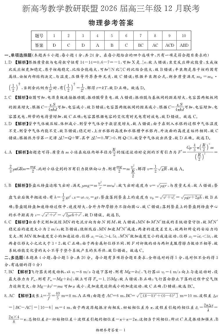 2026届湖南省新高考教学教研联盟高三上学期12月联考物理答案第1页