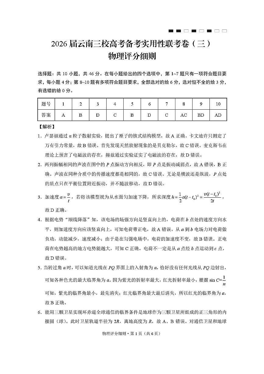 2026届云南三校高考备考实用性联考卷（三）物理答案第1页