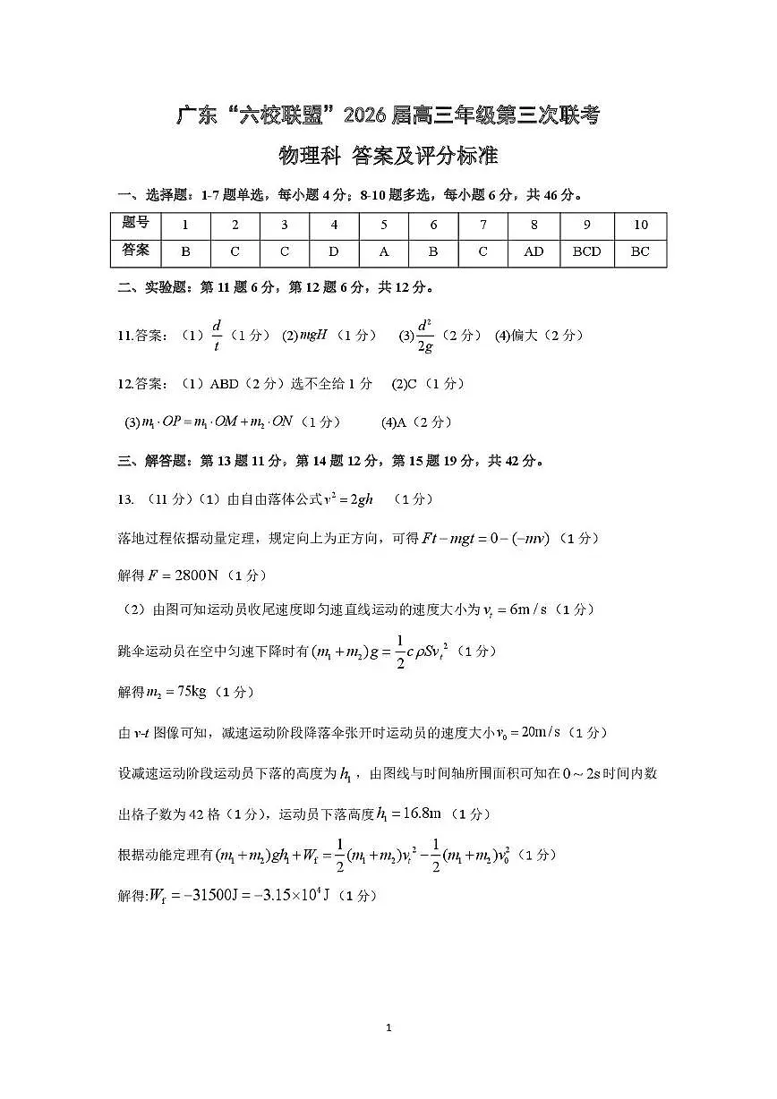 广东“六校联盟”2026届高三第三次联考物理答案第1页