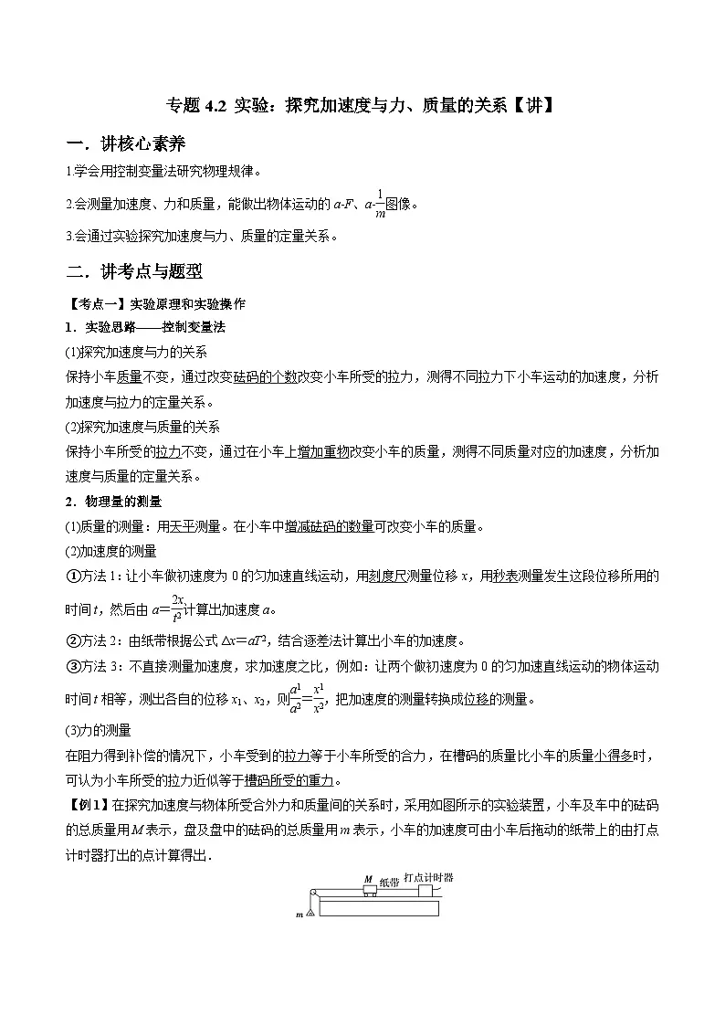 （人教版）必修第一册高一物理同步讲练测专题4.2 实验：探究加速度与力、质量的关系（讲）（原卷版）第1页
