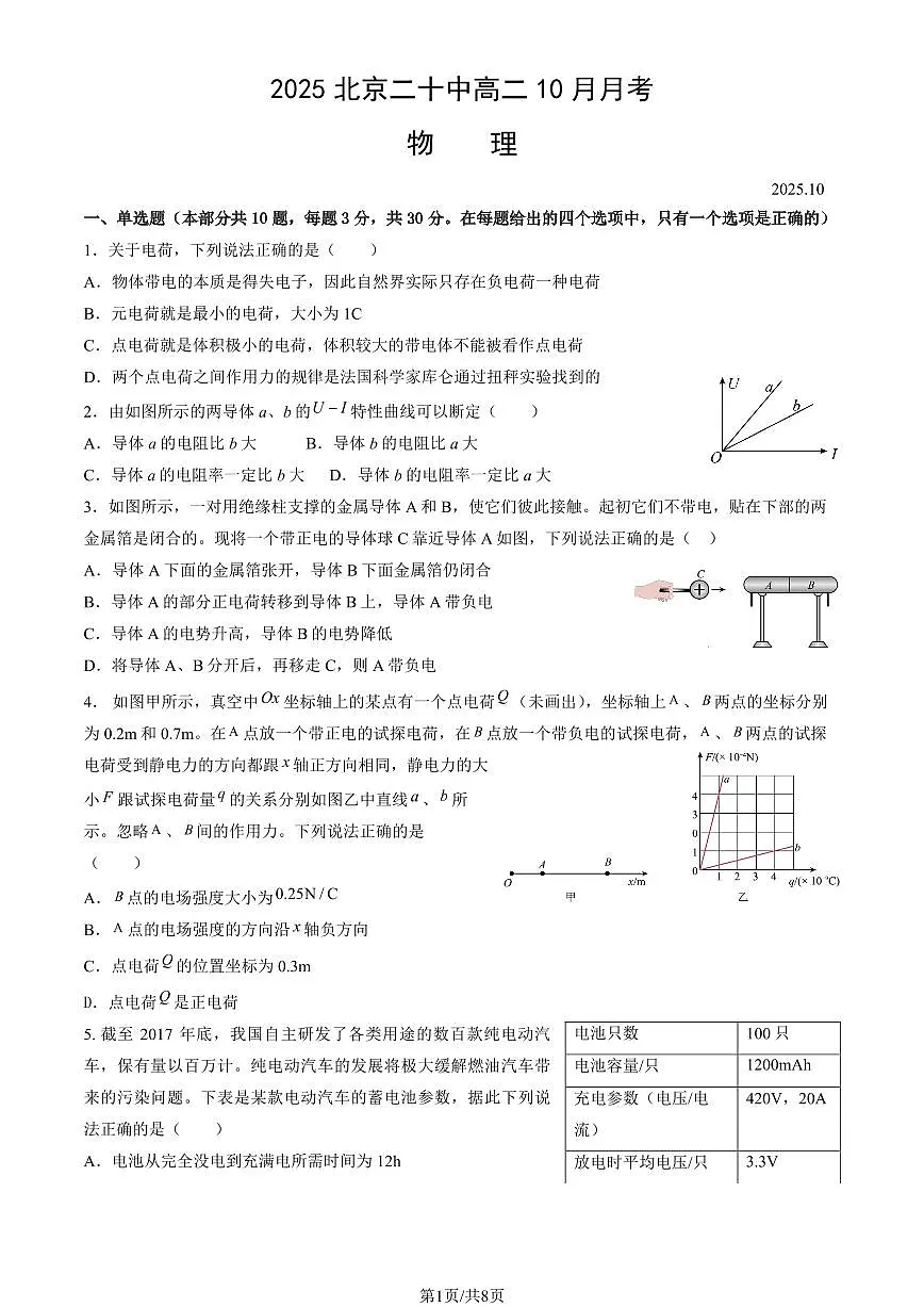 2025北京二十中高二上10月月考物理（教师版）试卷第1页