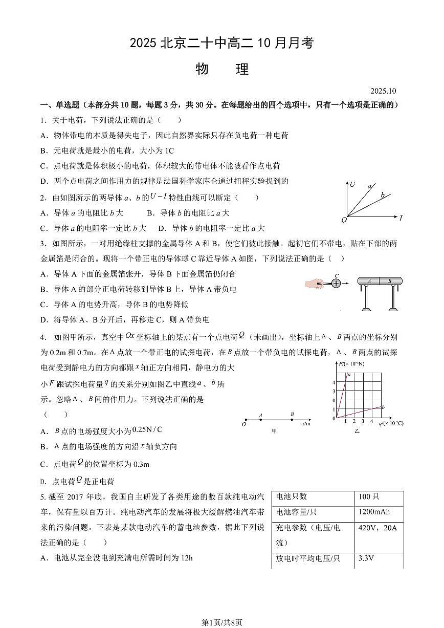 2025北京二十中高二上10月月考物理（教师版）试卷第1页