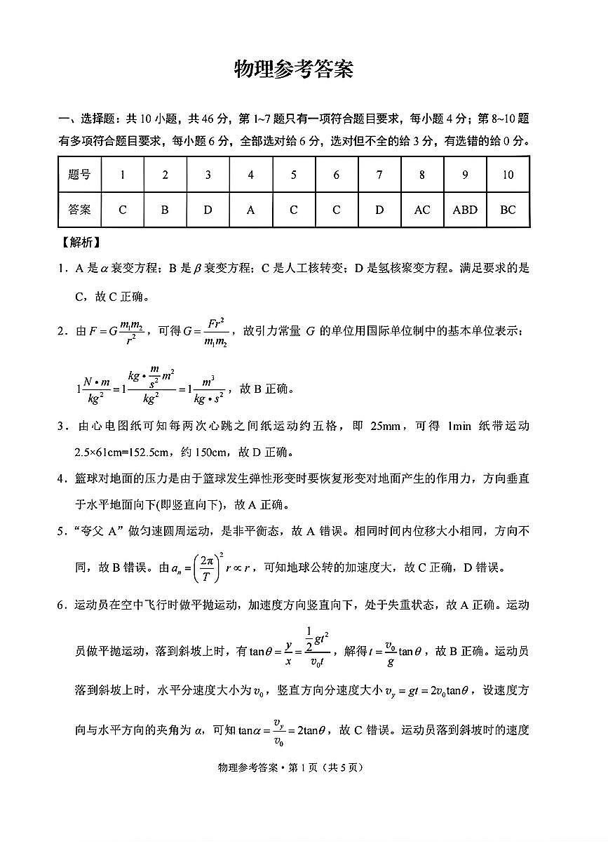云南师大附中2026届高考适应性月考卷（五）物理答案第1页
