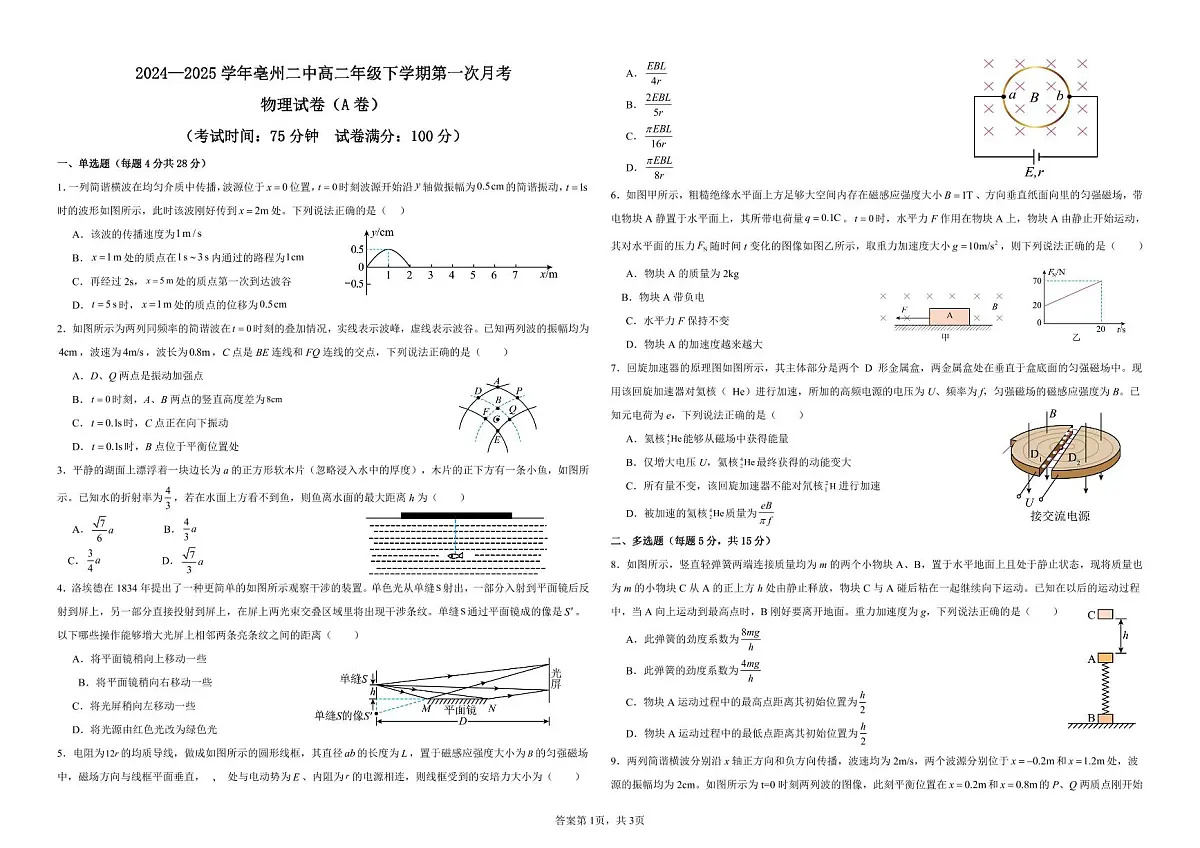 2024—2025学年亳州二中高二年级下学期第一次月考物理试卷（A卷）第1页
