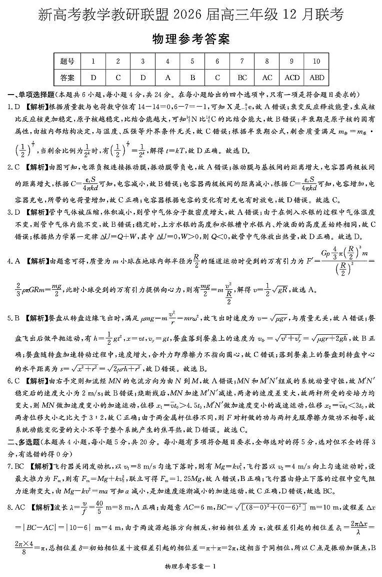 新高考教学教研联盟2026届高三年级12月联考-物理答案第1页