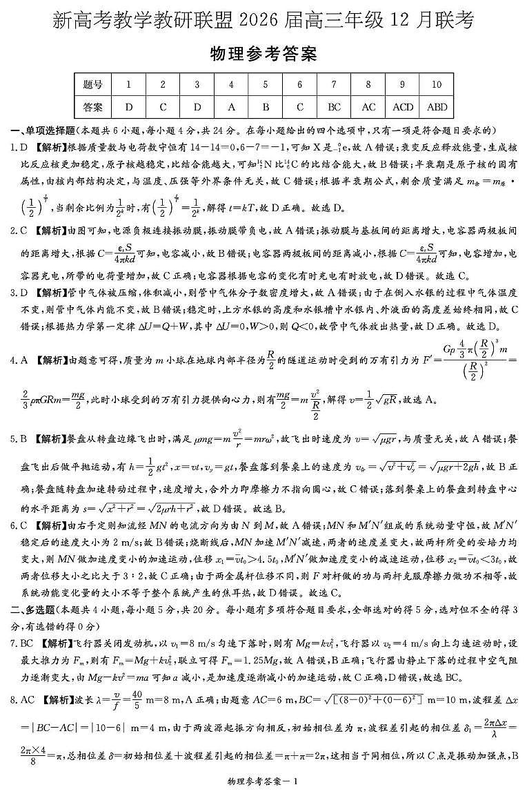 新高考教学教研联盟2026届高三年级12月联考-物理答案第1页