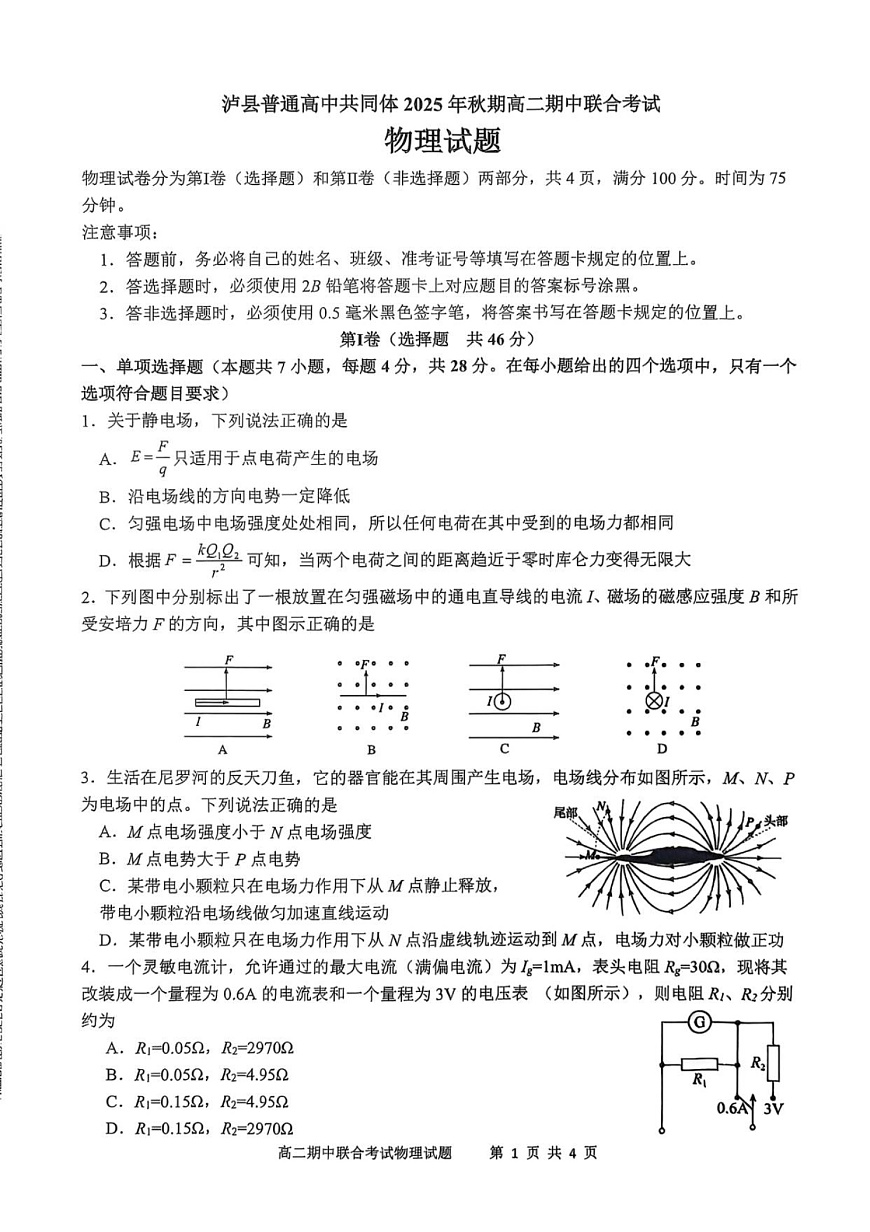 四川省泸州市泸县2025-2026学年高二上学期11月期中考试物理试卷第1页