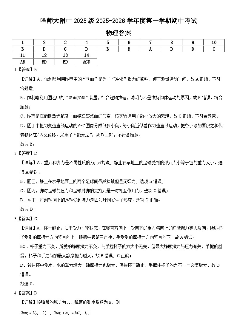 哈师大附中2025级2025-2026学年度第一学期期中考试物理答案第1页