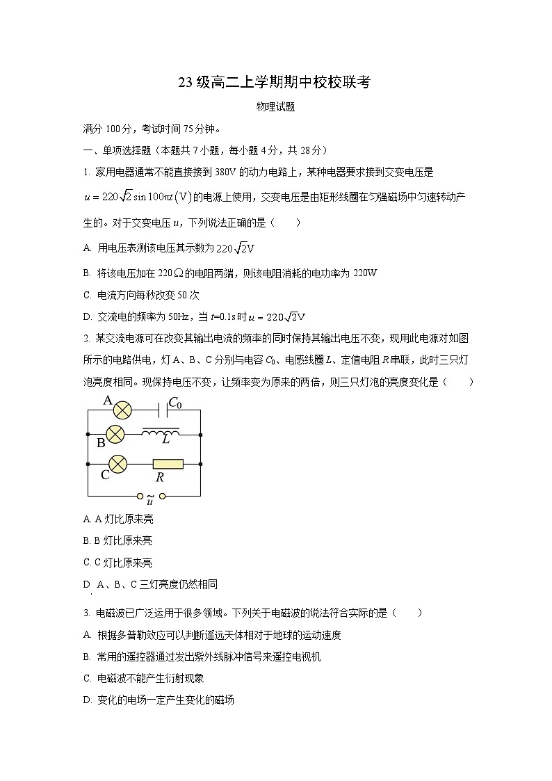 四川省眉山市仁寿县多校2024-2025学年高二下学期4月期中物理试卷（学生版）第1页