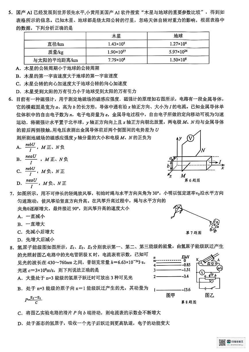 2026届浙江省县域教研联盟高三上学期一模物理试题（高考模拟）第2页