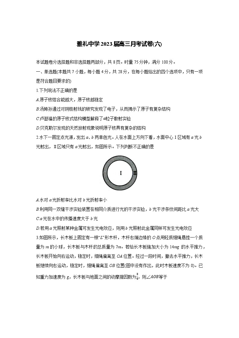湖南省长沙市雅礼中学2022-2023学年高三下学期月考卷（六）物理试卷含解析第1页