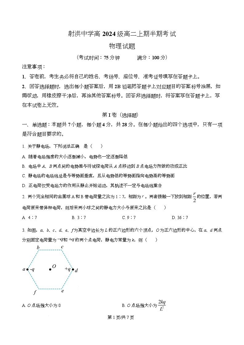 四川省射洪中学2025-2026学年高二上学期11月半期物理试题（原卷版）第1页