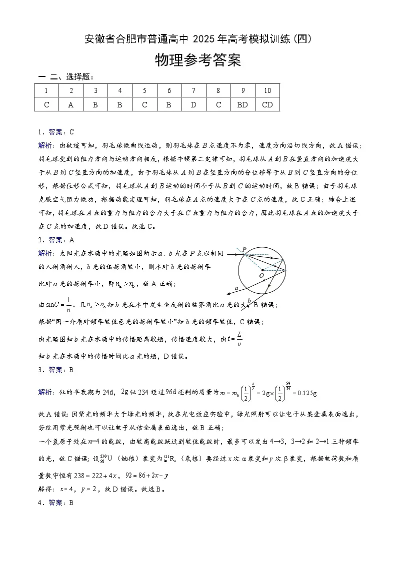 2025届安徽省普通高中高三下学期高考模拟训练(四)物理答案-A4第1页